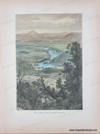 View from a high vantage point with green trees in the foreground, the river with some farms and towns, and some hills or mountains in the distance.