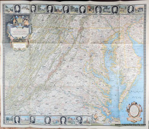 Map of Virginia, Maryland, Delaware in vintage style and colors with historical illustrations at top and bottom. Genuine-Antique-Map-Historic-and-Scenic-Reaches-of-the-Nations-Capital-1938-National-Geographic-Maps-Of-Antiquity