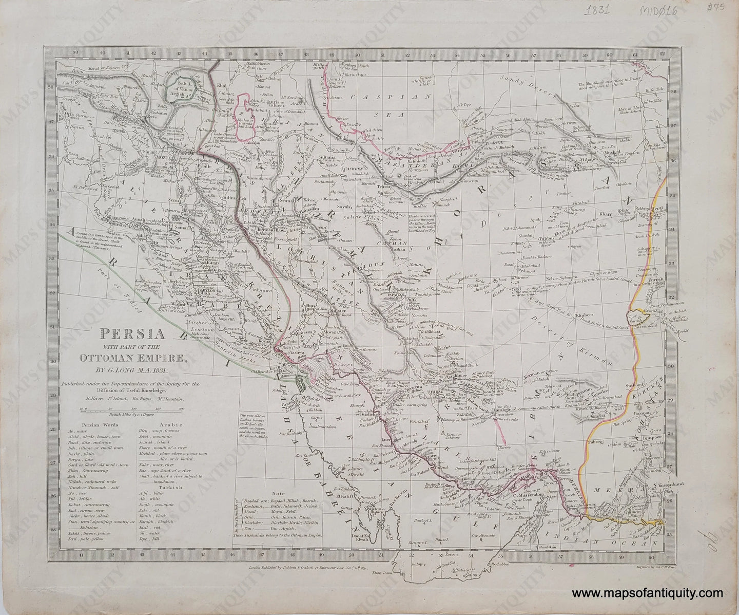 Antique-Hand-Colored-Map-Persia-with-Part-of-the-Ottoman-Empire.-By-G.-Long-M.A.-1831.-Published-under-the-Superintendence-of-the-SDUK/Society-for-the-Diffusion-of-Useful-Knowledge.-******-Middle-East-and-Holy-Land--1831-Baldwin-&-Cradock-Maps-Of-Antiquity