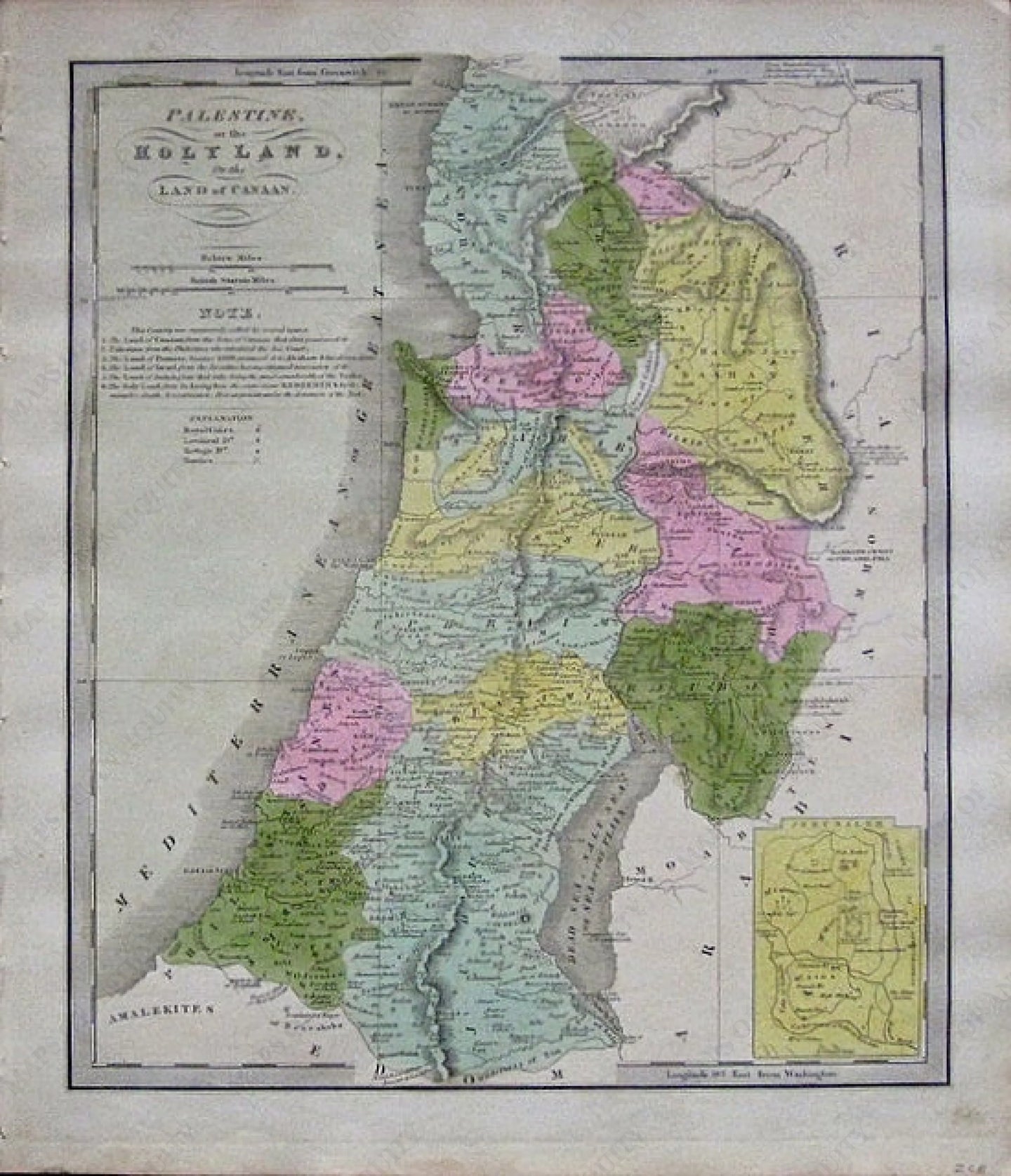 Antique-Hand-Colored-Map-Palestine-or-the-Holy-Land-or-the-Land-of-Canaan.**********--Middle-East-and-Holy-Land-1842-Jeremiah-Greenleaf-Maps-Of-Antiquity