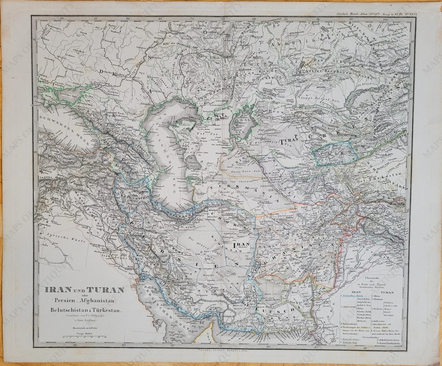 Antique-Hand-Colored-Map-Iran-und-Turan-Persien-Afghanistan-Beludschistan-Turkestan.-Middle-East-1874-Stieler-Maps-Of-Antiquity