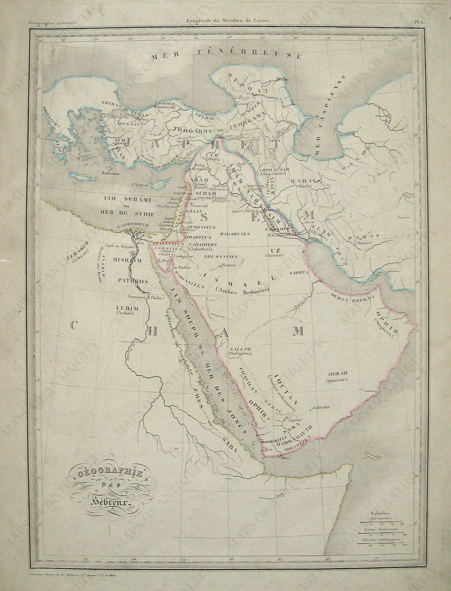 Antique-Hand-Colored-Map-Geographie-des-Hebreux.-Middle-East-and-Holy-Land--1842-Malte-Brun-Maps-Of-Antiquity