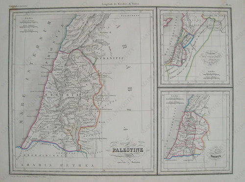 Antique-Hand-Colored-Map-Palestine-sous-les-Romains-avec-Le-Royaume-des-Israelites-sous-David-et-Salomon-et-Les-Douze-Tribus.-Middle-East-and-Holy-Land--1842-Malte-Brun-Maps-Of-Antiquity