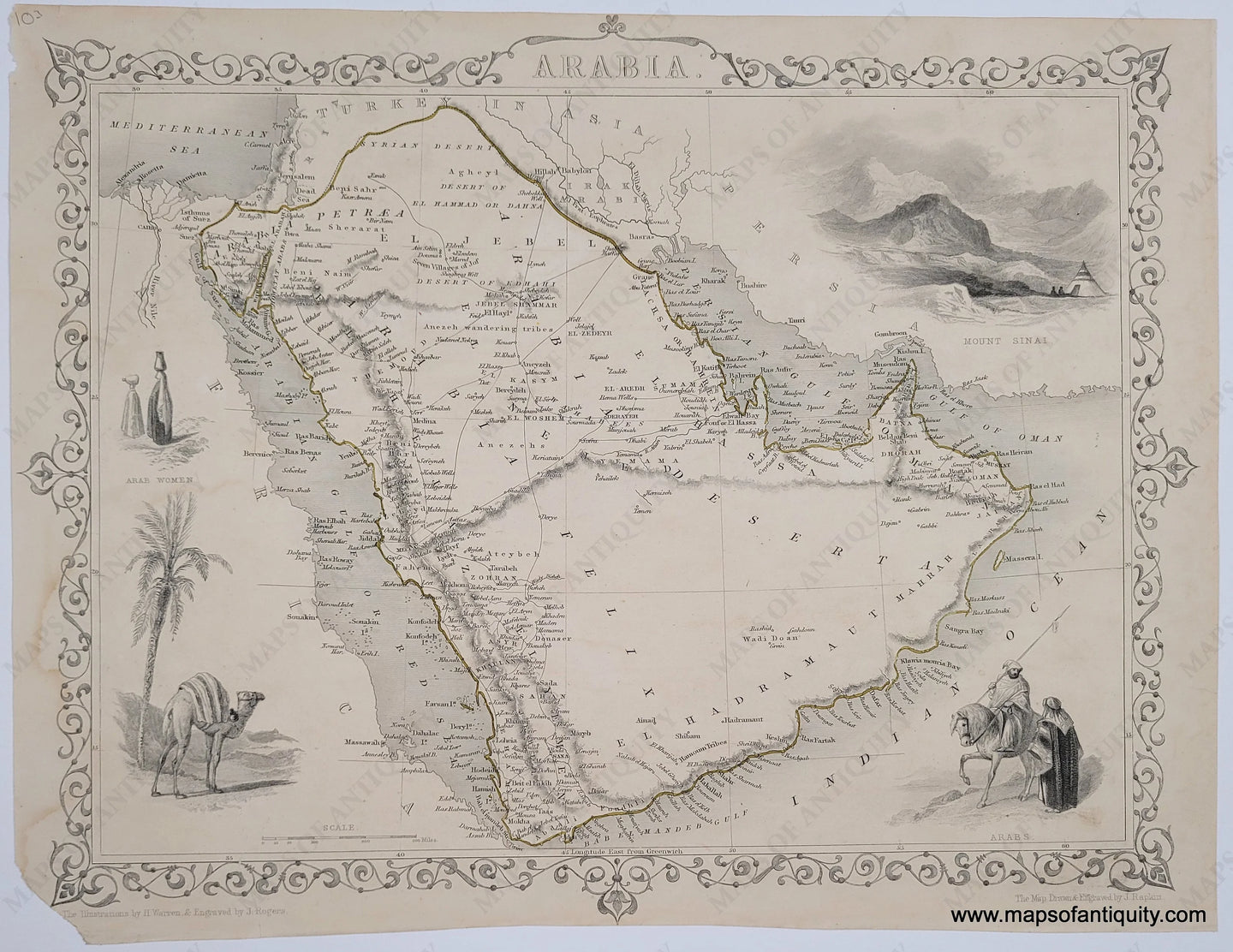 1851 - Arabia Antique Map Genuine Hand-Colored