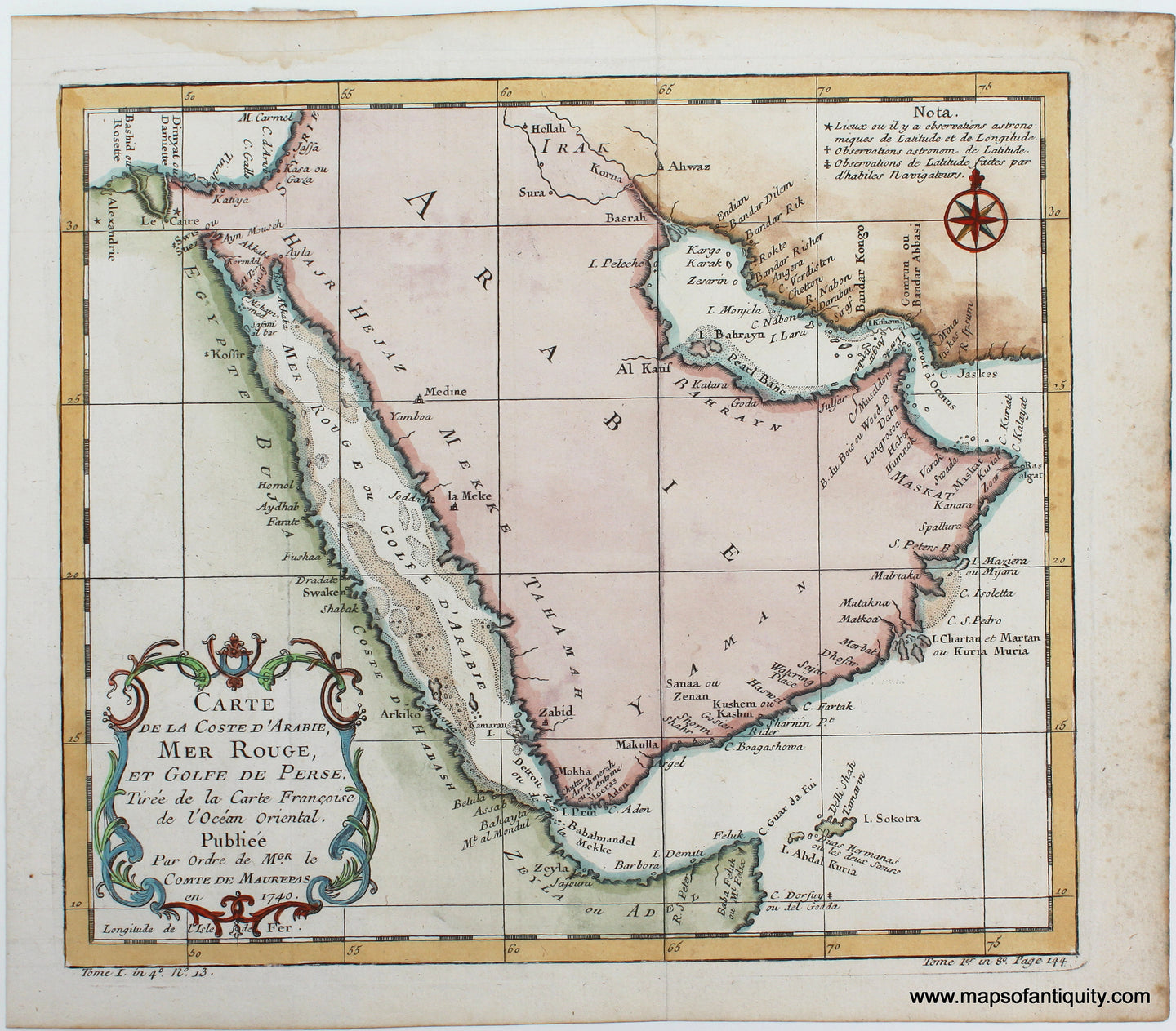 Antique-hand-colored-Engraved-Map-Carte-de-La-Coste-D'Arabie-Mer-Rouge-et-Golfe-de-Perse-Middle-East-Arabian Peninsula-1740-Bellin-Maps-Of-Antiquity