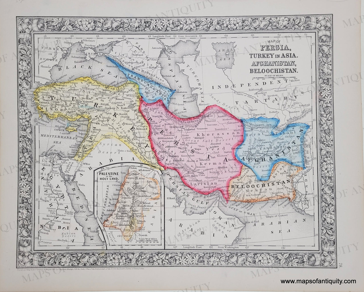 1863 - Map of Persia, Turkey in Asia, Afghanistan, and Beloochistan (Iran), with inset of Palestine or the Holy Land. - Antique Map