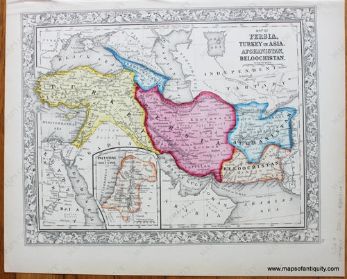 Antique-Hand-Colored-Map-Map-of-Persia-Turkey-in-Asia-Afghanistan-and-Beloochistan-(Iran)-with-inset-of-Palestine-or-the-Holy-Land.--Middle-East-and-Holy-Land-Middle-East-1863-Mitchell-Maps-Of-Antiquity