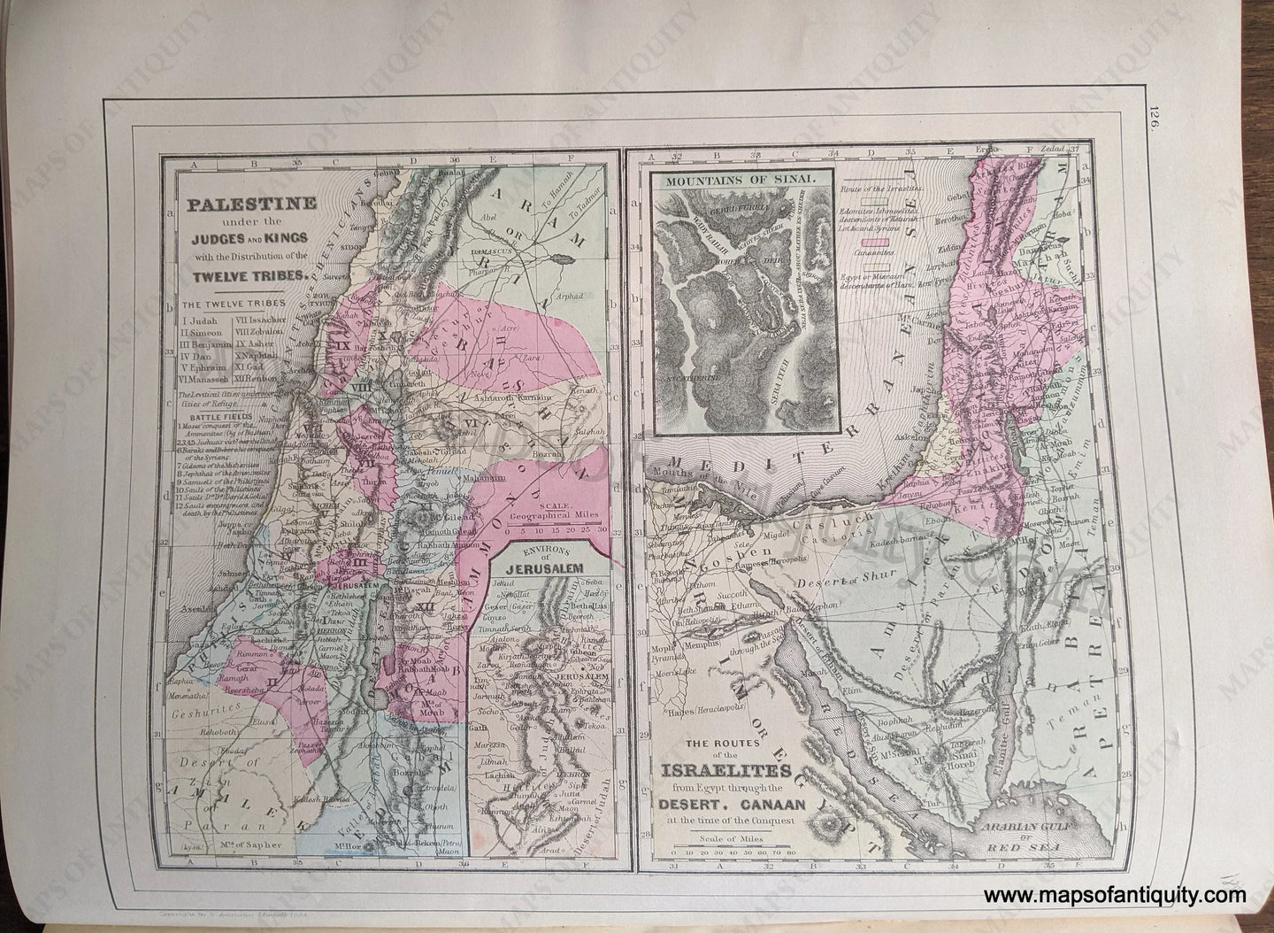 Antique-Hand-Colored-Map-Palestine-under-the-Judges-and-Kings-with-the-Distribution-of-the-Twelve-TribesÃ¢â‚¬Â¦-verso:-Map-of-the-Roman-Empire-in-its-Greatest-Extent-with-Ancient-Greece-Middle-East-and-Holy-Land-Middle-East-1884-Mitchell-Maps-Of-Antiquity-1800s-19th-century