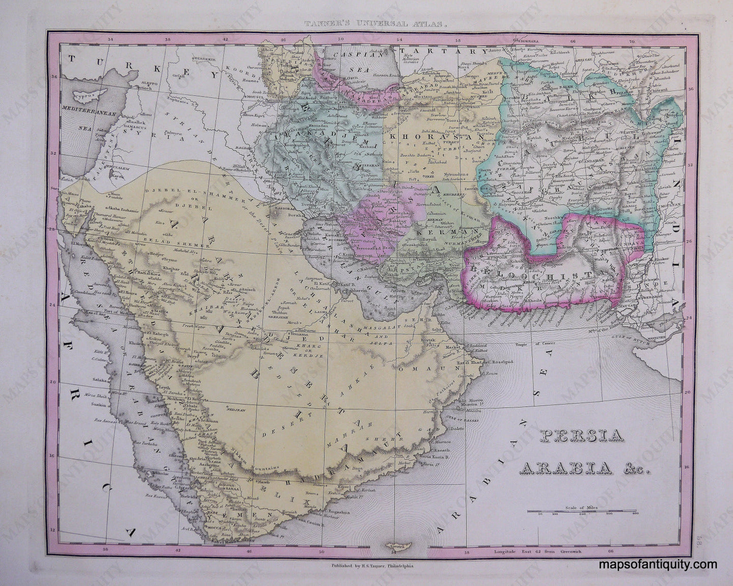 Antique-Hand-Colored-Engraved-Map-Persia-and-Arabia-Middle-East-and-Holy-Land--c.-1840-Tanner-Maps-Of-Antiquity