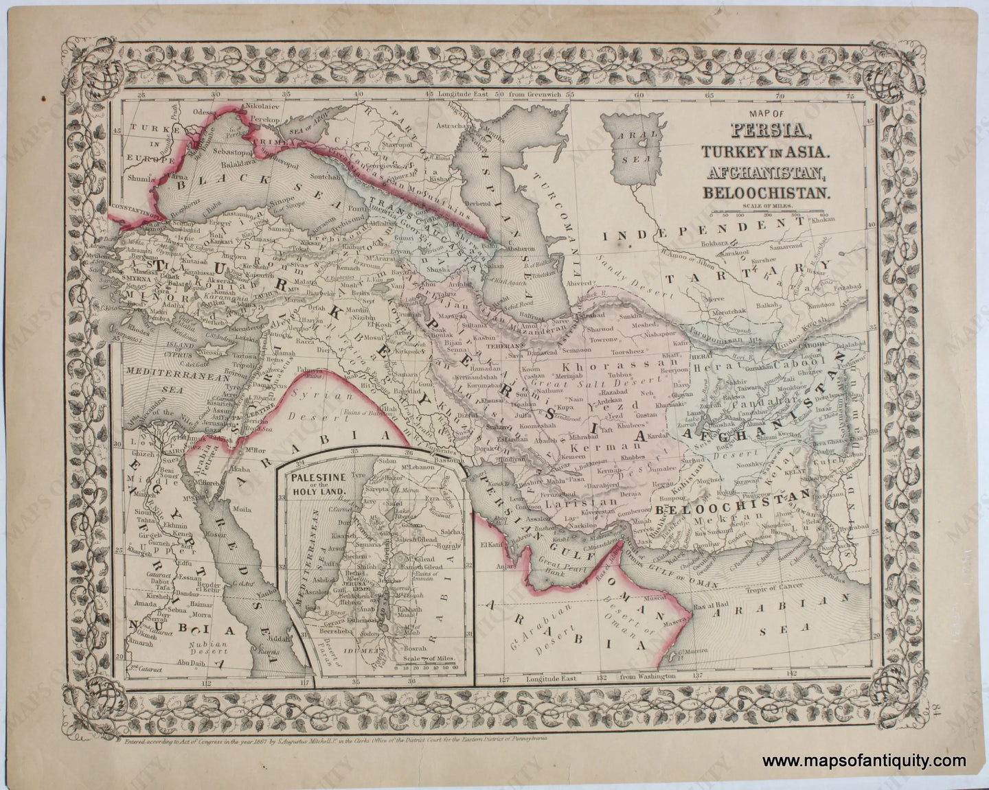 Antique-Map-of-Persia-Turkey-in-Asia-Afghanistan-and-Beloochistan-(Iran)-with-inset-of-Palestine-or-the-Holy-Land.-