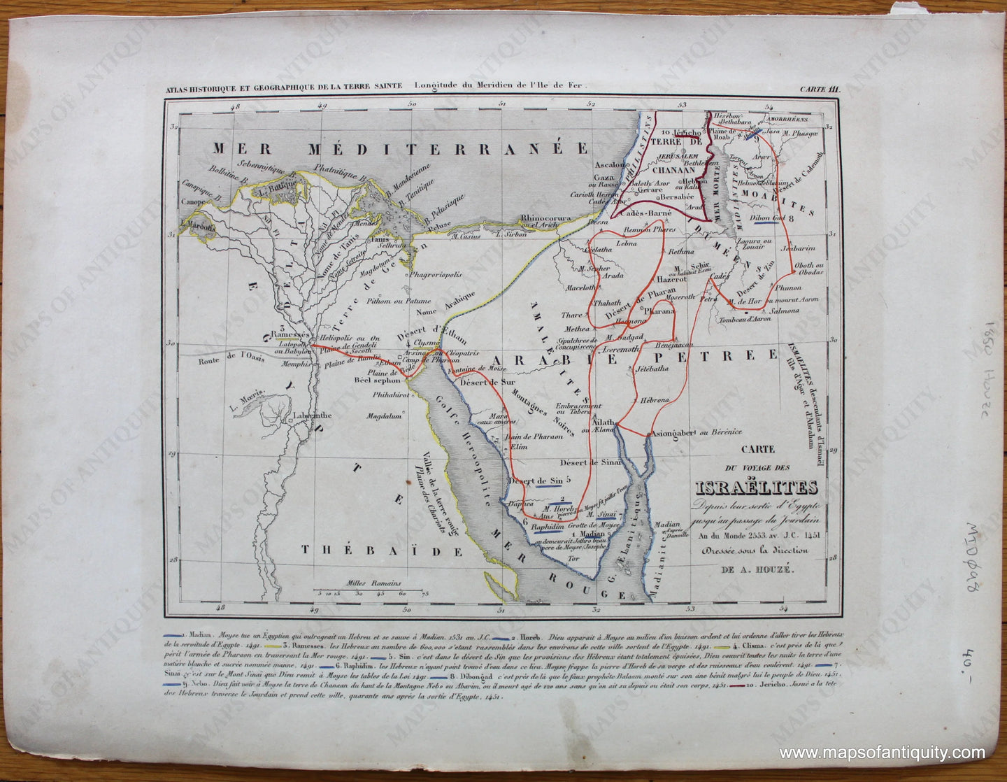 Antique-Hand-Colored-Map-Carte-du-Voyage-des-Israelites-Depuis-leur-Sortie-d'Egype-jusqu'au-Passage-du-Jourdain-An-du-Monde-2553-AV-J.C.-1451-Middle-East--1850-Houze-Maps-Of-Antiquity