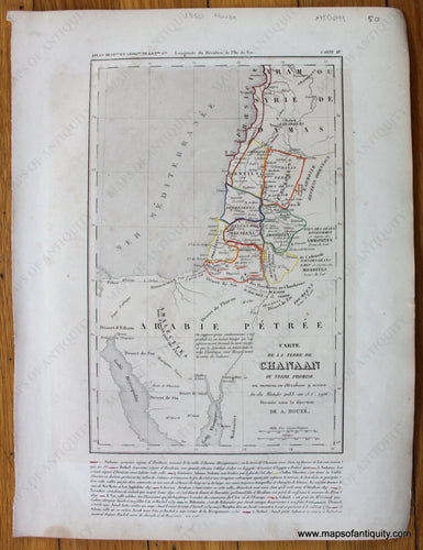 Antique-Hand-Colored-Map-Carte-de-la-Terre-de-Chanaan-ou-Terre-Promise-Middle-East--1850-Houze-Maps-Of-Antiquity