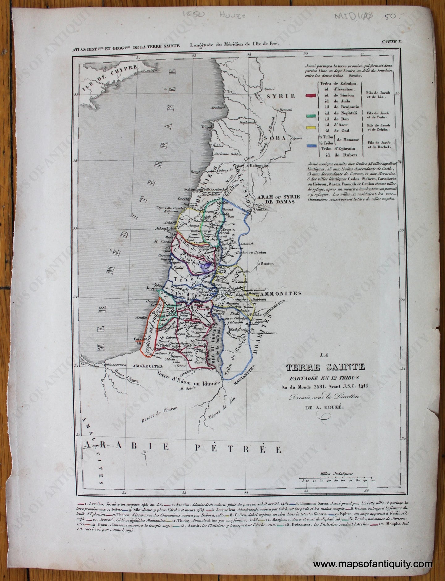 Antique-Hand-Colored-Map-La-Terre-Sainte-Partagee-en-12-Tribus-Middle-East--1850-Houze-Maps-Of-Antiquity