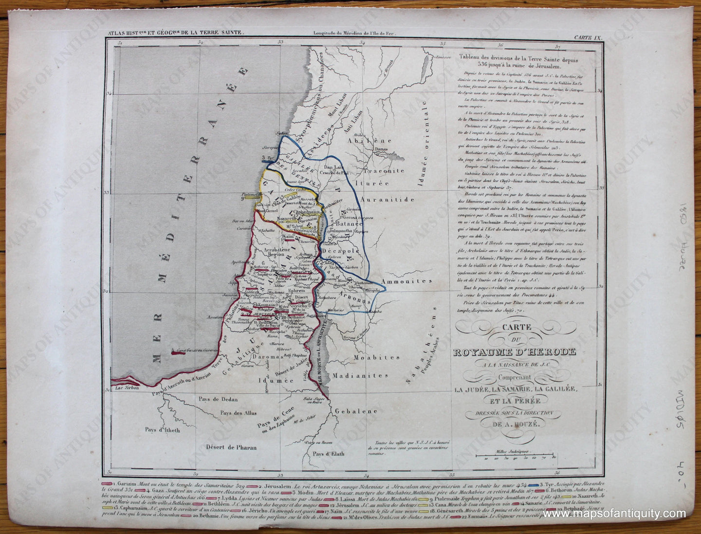 Antique-Hand-Colored-Map-Carte-du-Royaume-D'Herode-Middle-East--1850-Houze-Maps-Of-Antiquity