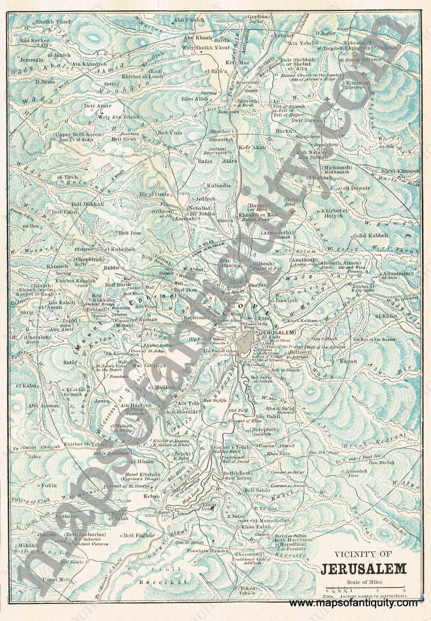 Antique-Printed-Color-Map-Vicinity-of-Jerusalem-Middle-East-&-Holy-Land--1894-Cram-Maps-Of-Antiquity