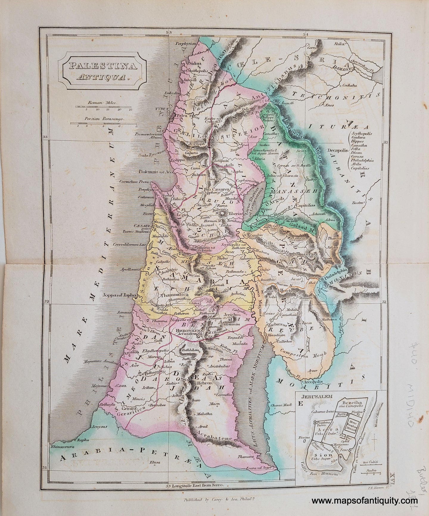 Antique-Hand-Colored-Map-Palestina-Antiqua-**********-Ancient-World-Middle-East-&-Holy-Land--1841-Butler-Maps-Of-Antiquity