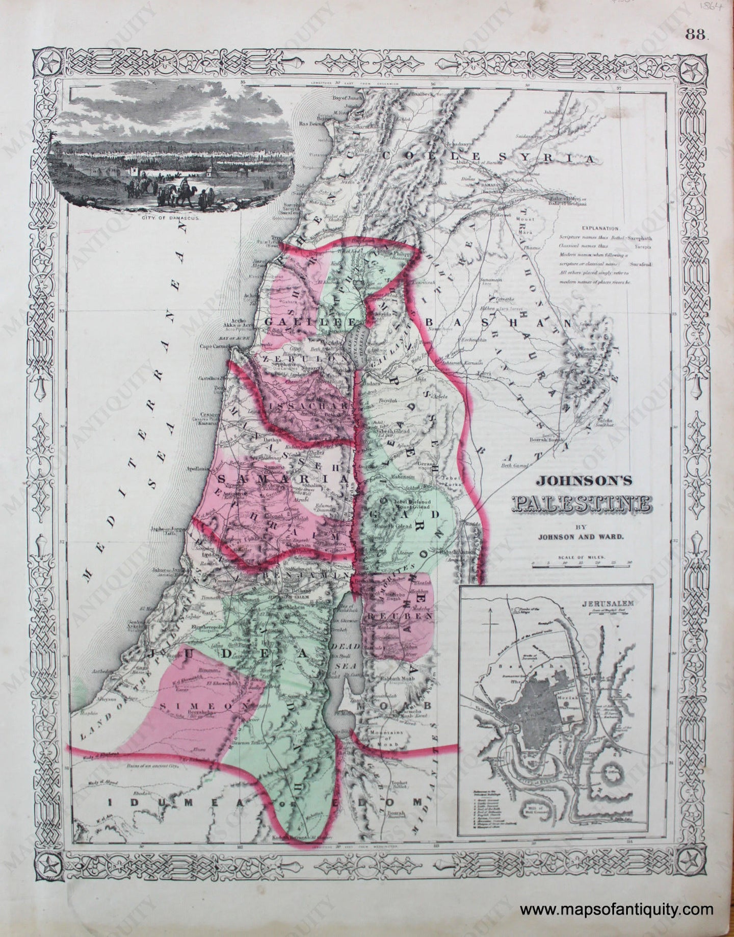 Antique-Hand-Colored-Map-Johnson's-Palestine-Middle-East-&-Holy-Land--1864-Johnson-and-Ward-Maps-Of-Antiquity