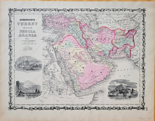 1861 - Johnson’s Turkey In Asia Persia Arabia &C. Antique Map Genuine Hand-Colored