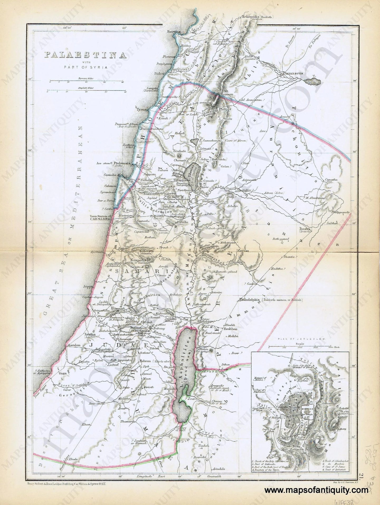 Antique-Hand-Colored-Map-Palestina-with-Part-of-Syria-Middle-East-&-Holy-Land--1856-Long-Maps-Of-Antiquity