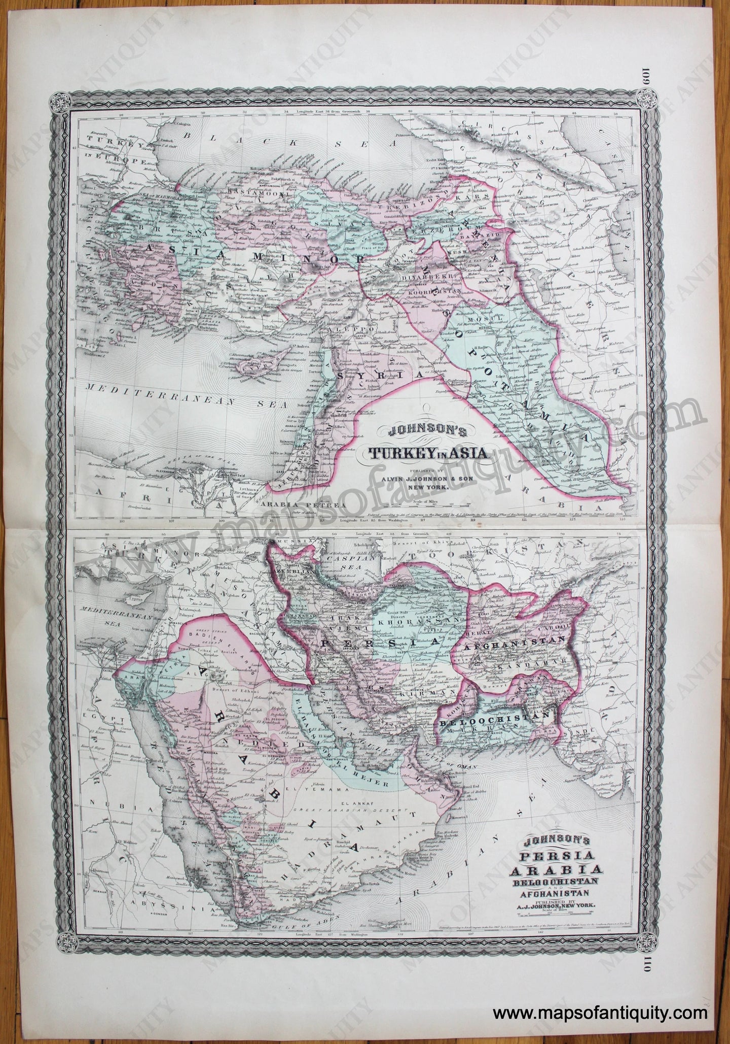 Antique-Hand-Colored-Map-Johnson's-Turkey-in-Asia;-Johnson's-Persia-Arabia-Beloochistan-and-Afghanistan-1880-Alvin-J.-Johnson-&-Son-1800s-19th-century-Maps-of-Antiquity