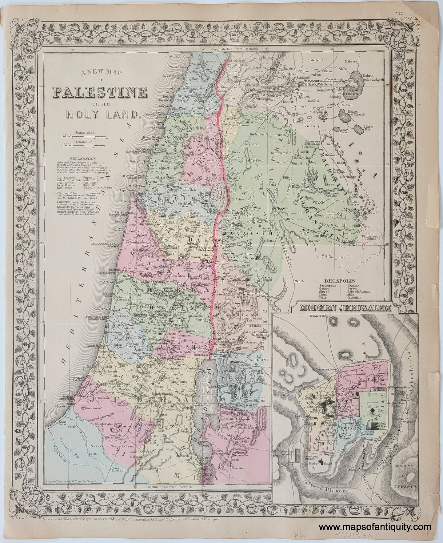 Antique-Hand-Colored-Map-Double-sided-map:-A-New-Map-of-Palestine-or-the-Holy-Land;-verso:-Map-of-Hindoostan-Farther-India-China-and-Tibet-Middle-East-&-Palestine--1884-Mitchell-Maps-Of-Antiquity-1800s-19th-century