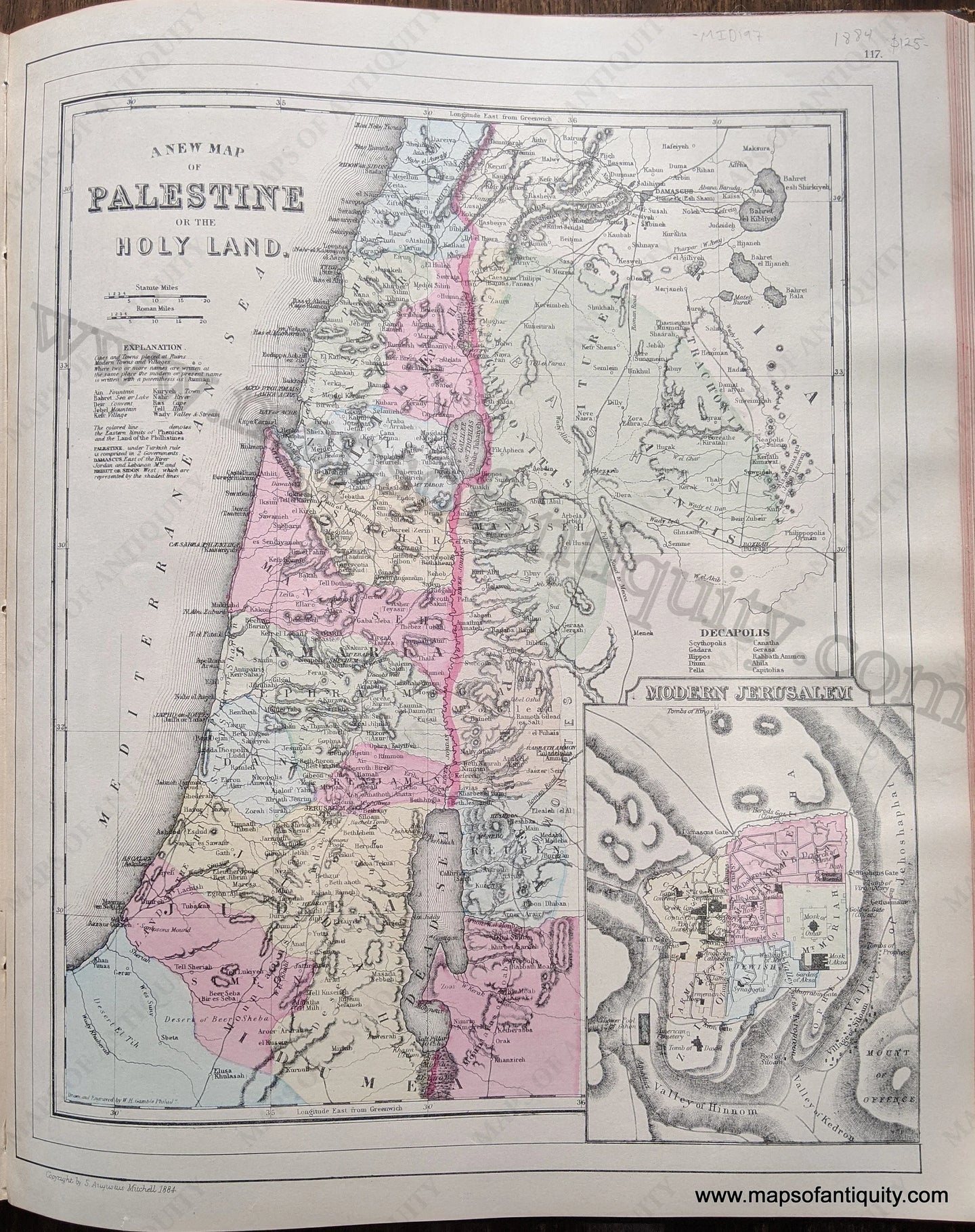 Antique-Hand-Colored-Map-Double-sided-map:-A-New-Map-of-Palestine-or-the-Holy-Land;-verso:-Map-of-Hindoostan-Farther-India-China-and-Tibet-Middle-East-&-Palestine--1884-Mitchell-Maps-Of-Antiquity-1800s-19th-century