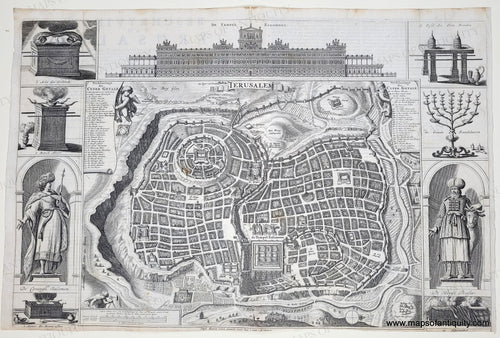 Antique map of Jerusalem with illustrations of religious figures and architectural elements.