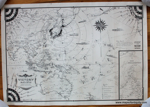 Antique-Uncolored-Pictorial-Map-A-Pictorial-Map-Victory-in-the-Pacific-**********-Military-World-War-II-1944-Ernest-Dudley-Chase-Maps-Of-Antiquity