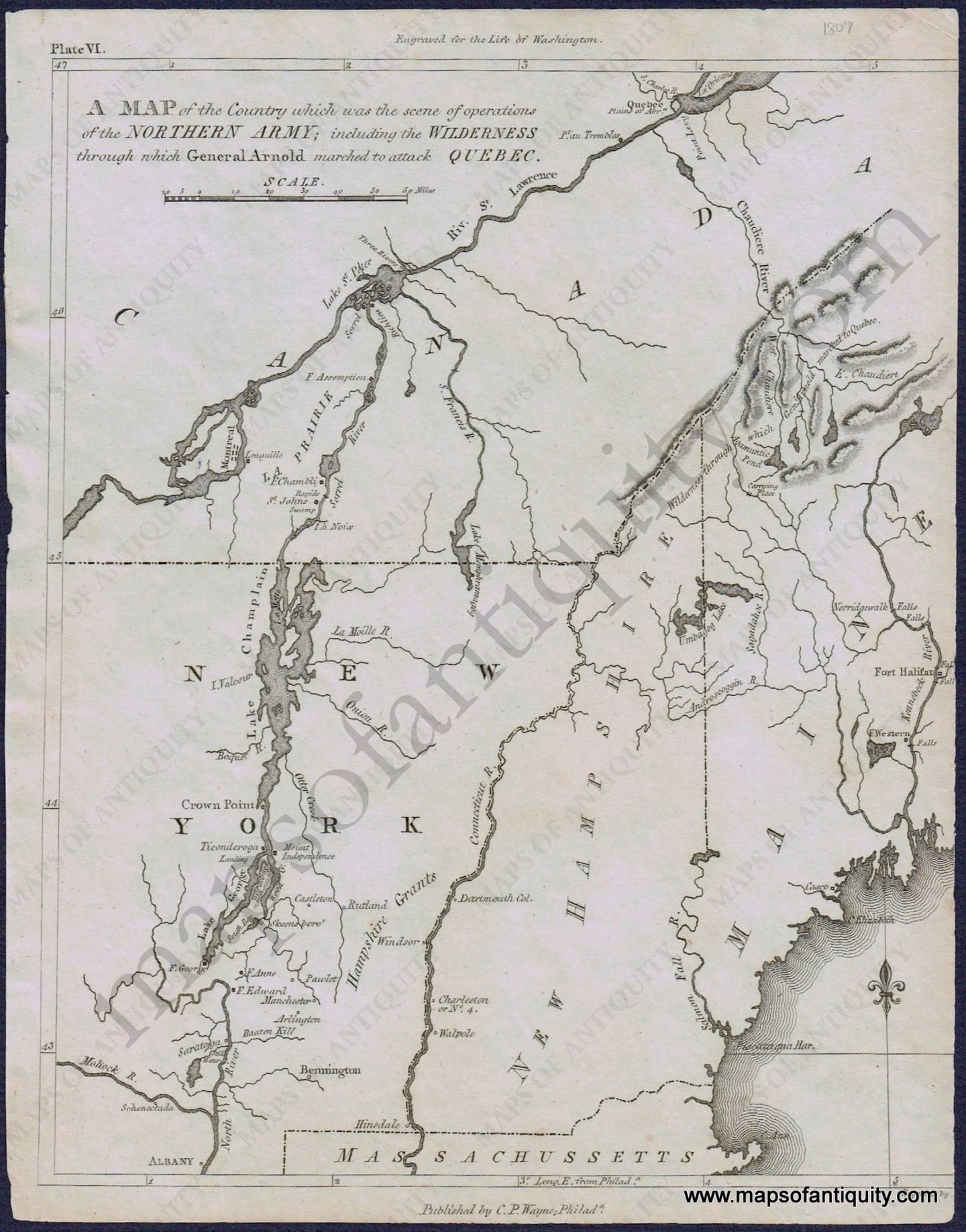 Antique-A-Map-of-the-Country-which-was-the-scene-of-operations-of-the-Norhtern-Army;-including-the-Wilderness-through-which-General-Arnold-marched-to-attack-Quebec-Marshall-Marshall's-Life-of-Washington-1807-Revolutionary-War-United-States-American-Military-Maps-of-Antiquity