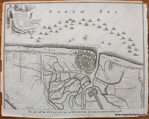 Antique-Black-and-White-Map-Plan-of-the-Investiture-of-Ostend-Surrenderd-6-July-1706.-1745-Basire-Tindal-Rapin-1700s-18th-century-Maps-of-Antiquity