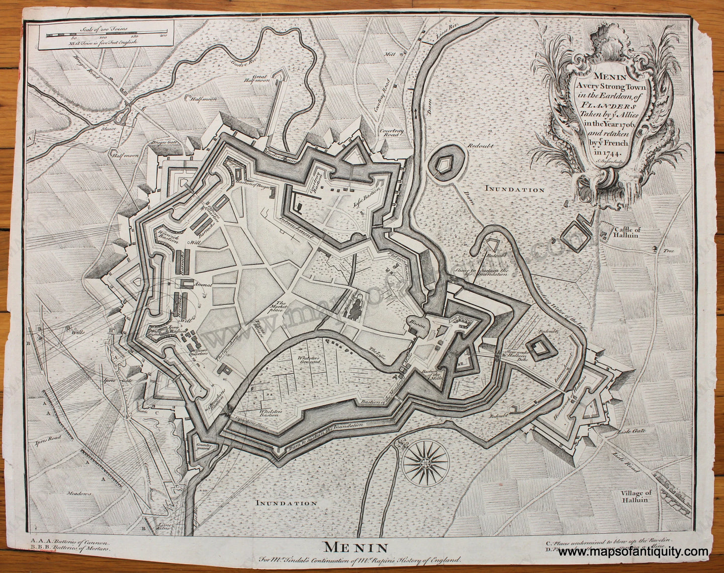 Antique-Black-and-White-Map-Menin-A-very-Strong-Town-in-the-Earldom-of-Flanders-Taken-by-ye-Allies-in-the-Year-1706-and-retaken-by-ye-French-in-1744.-1745-Basire-Tindal-Rapin-1700s-18th-century-Maps-of-Antiquity