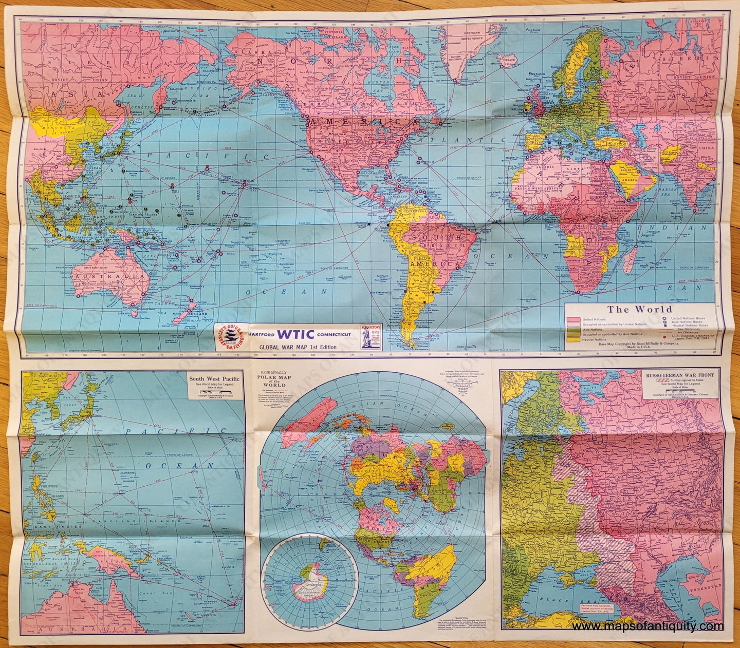 Genuine-Antique-Folding-Map-WTIC-Global-War-Map--First-Edition-1943-Rand-McNally-Company-WTIC-Maps-Of-Antiquity