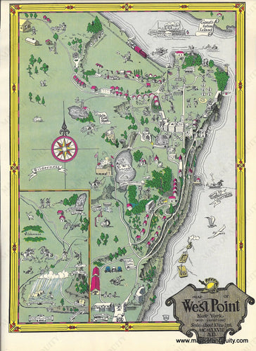 Antique pictorial illustrated map of West Point New York with Military Academy by Schick 1928 Colorful fun Maps of Antiquity