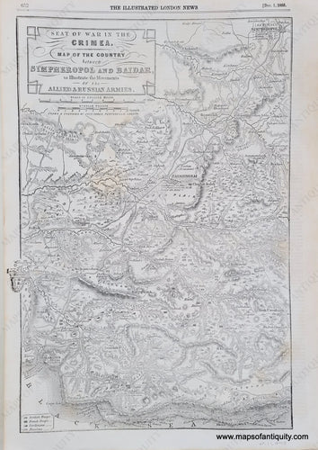 Genuine-Antique-Map-Seat-of-War-in-the-Crimea-Map-of-the-Country-between-Simpheropol-and-Baidar-to-Illustrate-the-Movements-of-the-Allied-Russian-Armies-Military-Russia--1855-Illustrated-London-News-Maps-Of-Antiquity-1800s-19th-century