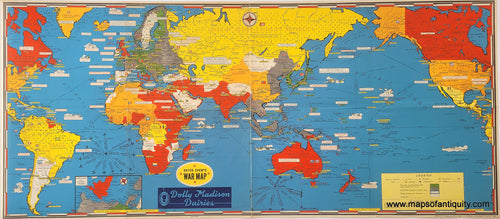 Brightly colored map of the world with Asia at center fill of notes about events of World War II. Axis shown in green, countries conquered by Axis in grey, neutral countries in white, Allies in red, orange and yellow.