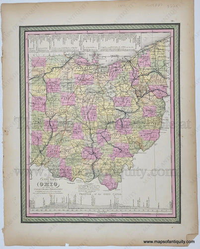 Antique Map of Ohio with original hand-coloring in tones of green, yellow, peach, and pink. 1849 Mitchell