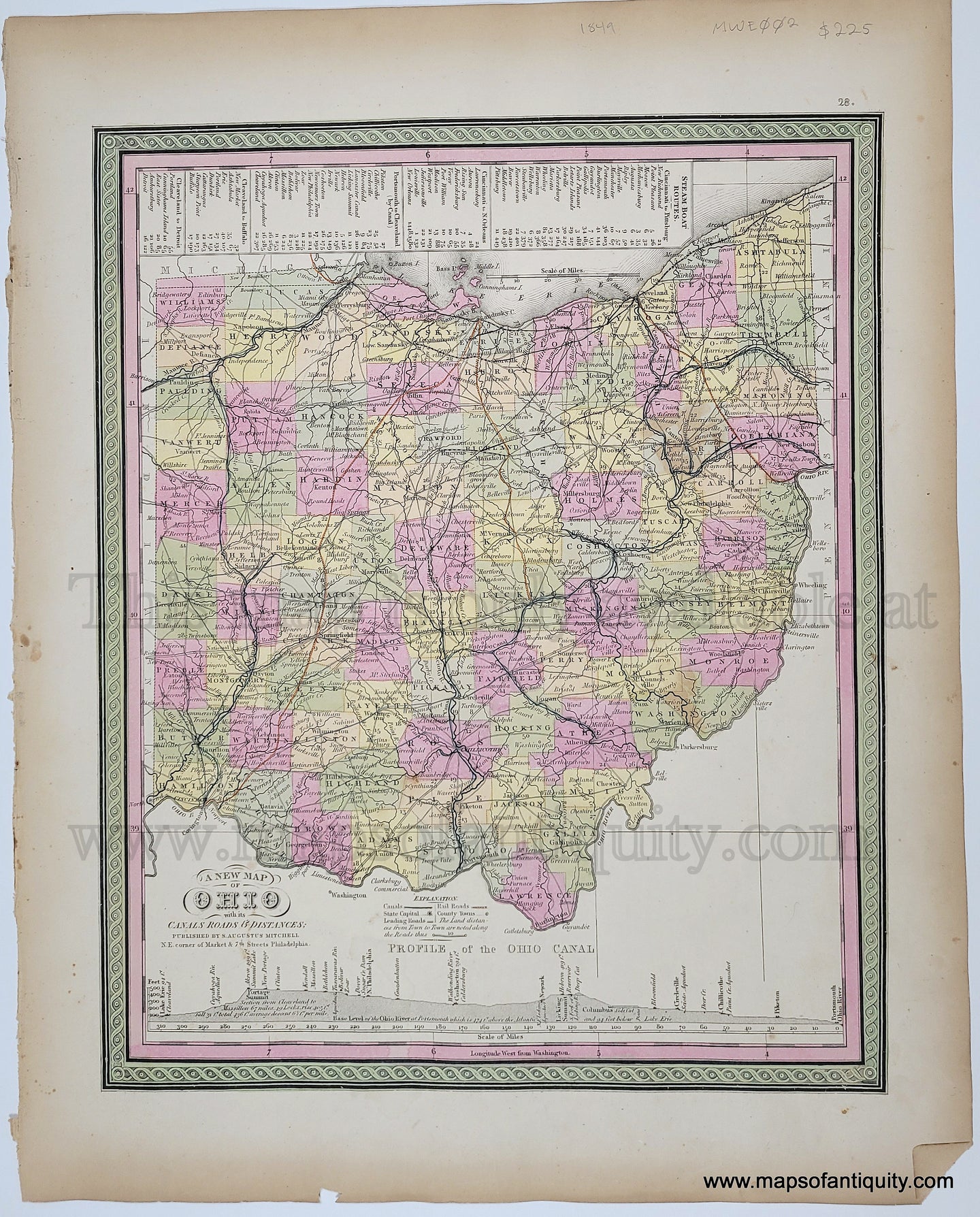 Antique Map of Ohio with original hand-coloring in tones of green, yellow, peach, and pink. 1849 Mitchell