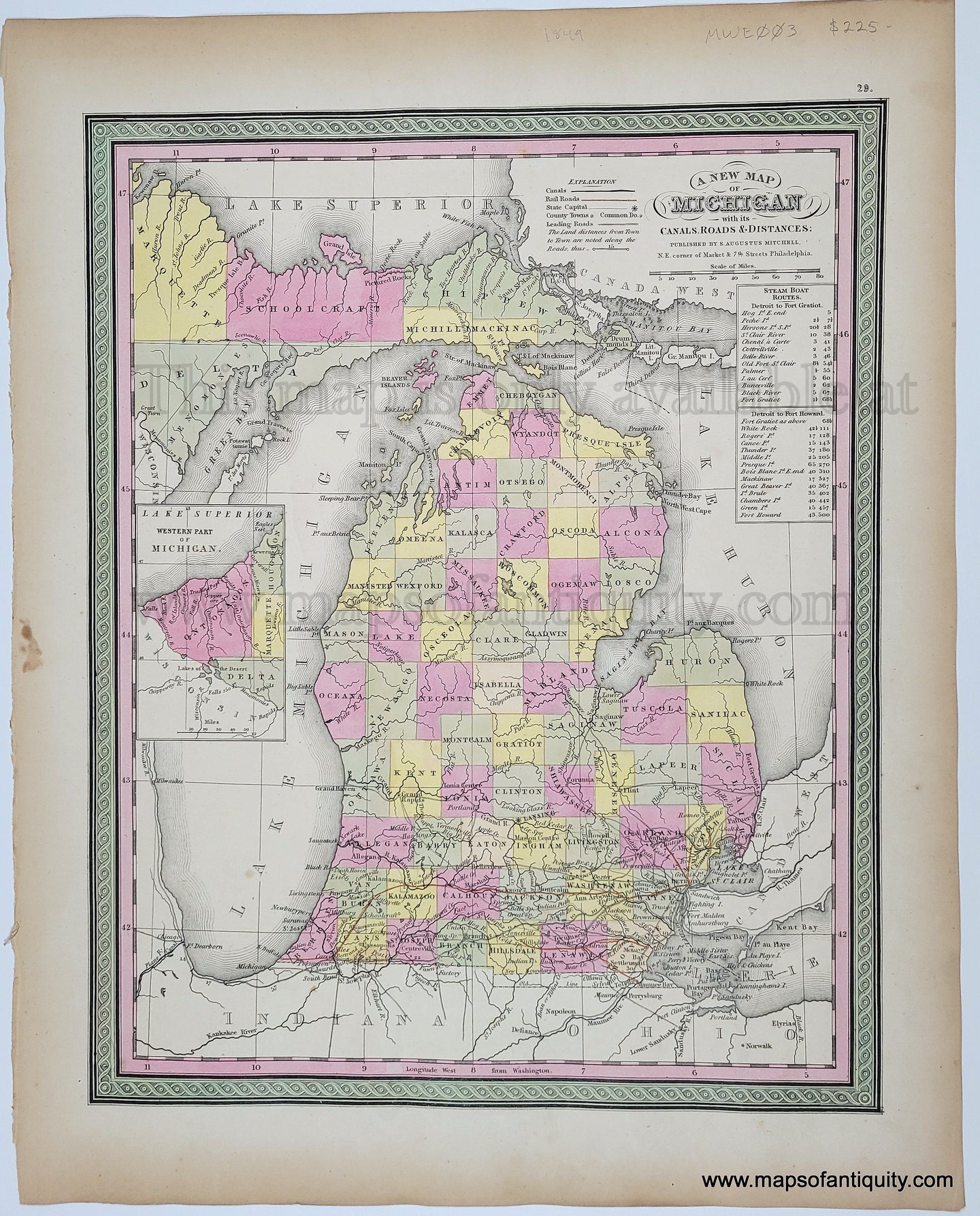 Antique Map of Michigan USA with original hand-coloring in tones of green, yellow, peach, and pink. 1849 Mitchell