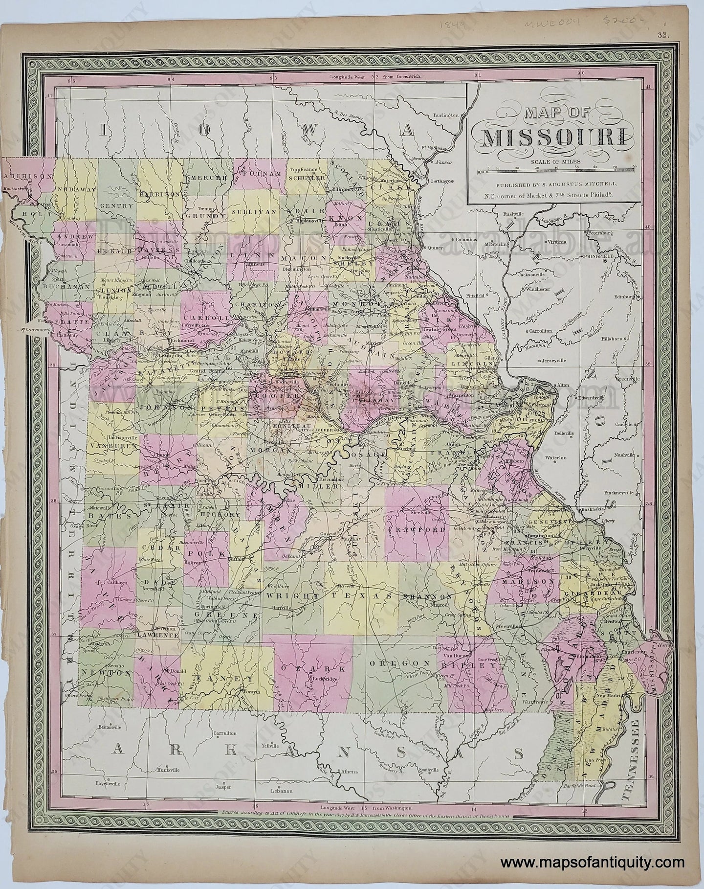 Antique Map with original hand-coloring in tones of green, yellow, peach, and pink. Hand-Colored-Map-A-New-Map-of-the-State-of-Missouri.-United-States-Midwest-1849-Mitchell-Maps-Of-Antiquity