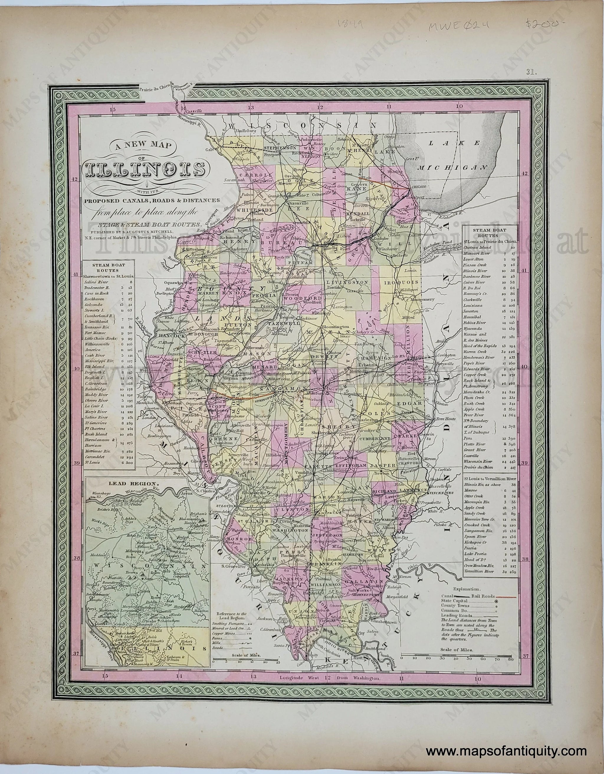 Antique Illinois Map ~Extremely Detailed ~1864~ factory Civil War Era