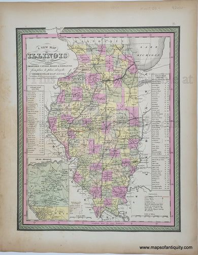 Antique Map with original hand-coloring in tones of green, yellow, peach, and pink. 
Antique-Hand-Colored-Map-A-New-Map-of-the-State-of-Illinois--United-States-Midwest-1849-Mitchell-Maps-Of-Antiquity