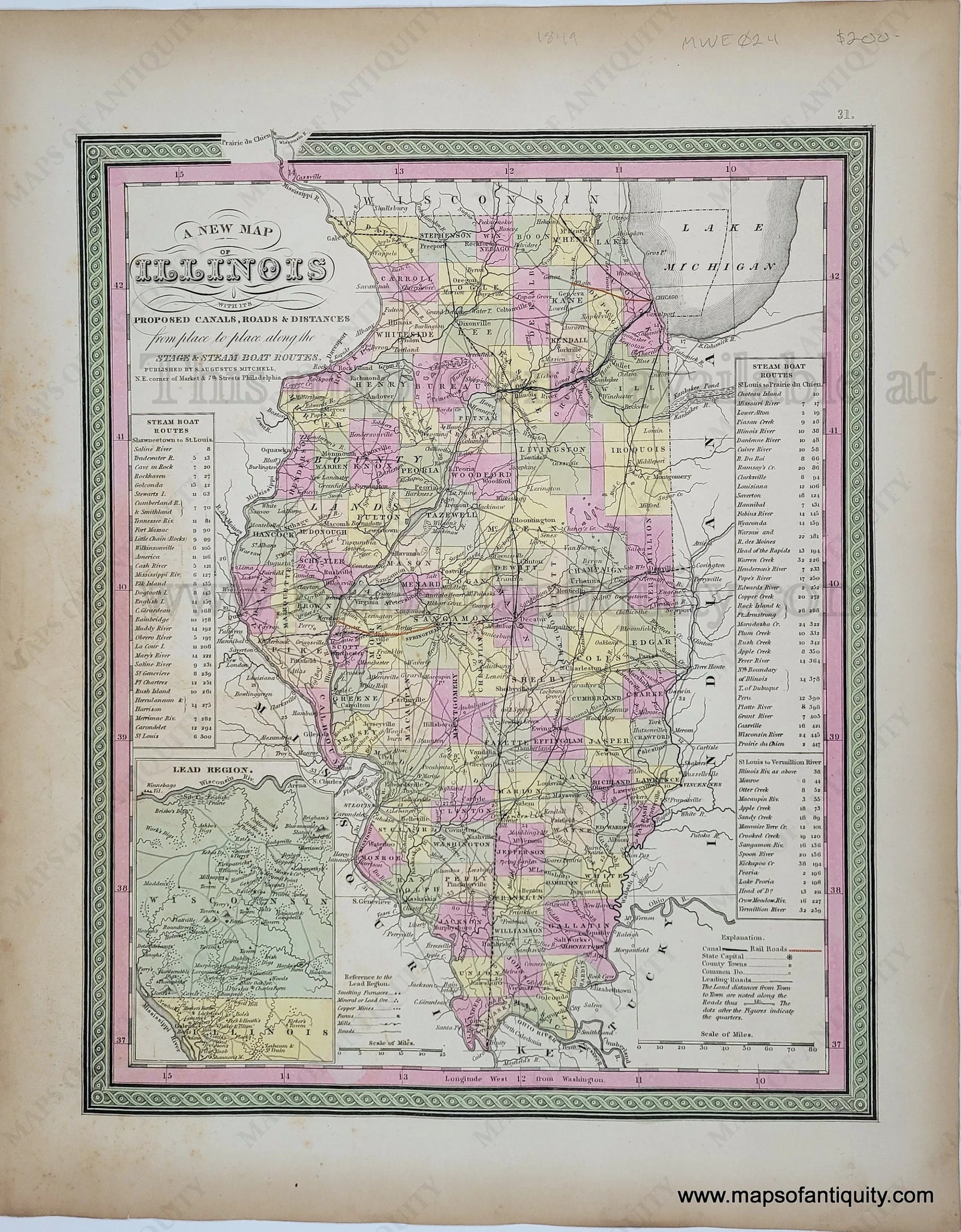 Antique Map with original hand-coloring in tones of green, yellow, peach, and pink. 
Antique-Hand-Colored-Map-A-New-Map-of-the-State-of-Illinois--United-States-Midwest-1849-Mitchell-Maps-Of-Antiquity