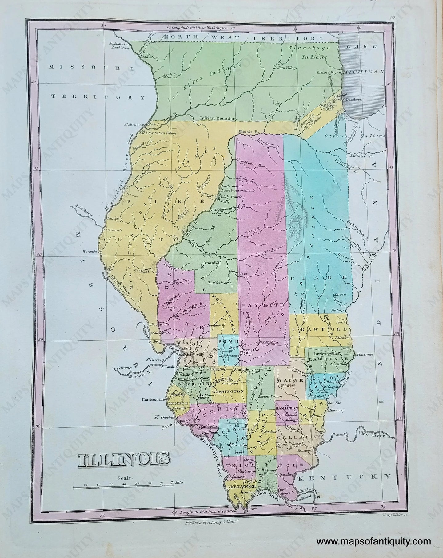 Antique-Hand-Colored-Map-Illinois-******-United-States-Midwest-1824-Anthony-Finley-Maps-Of-Antiquity