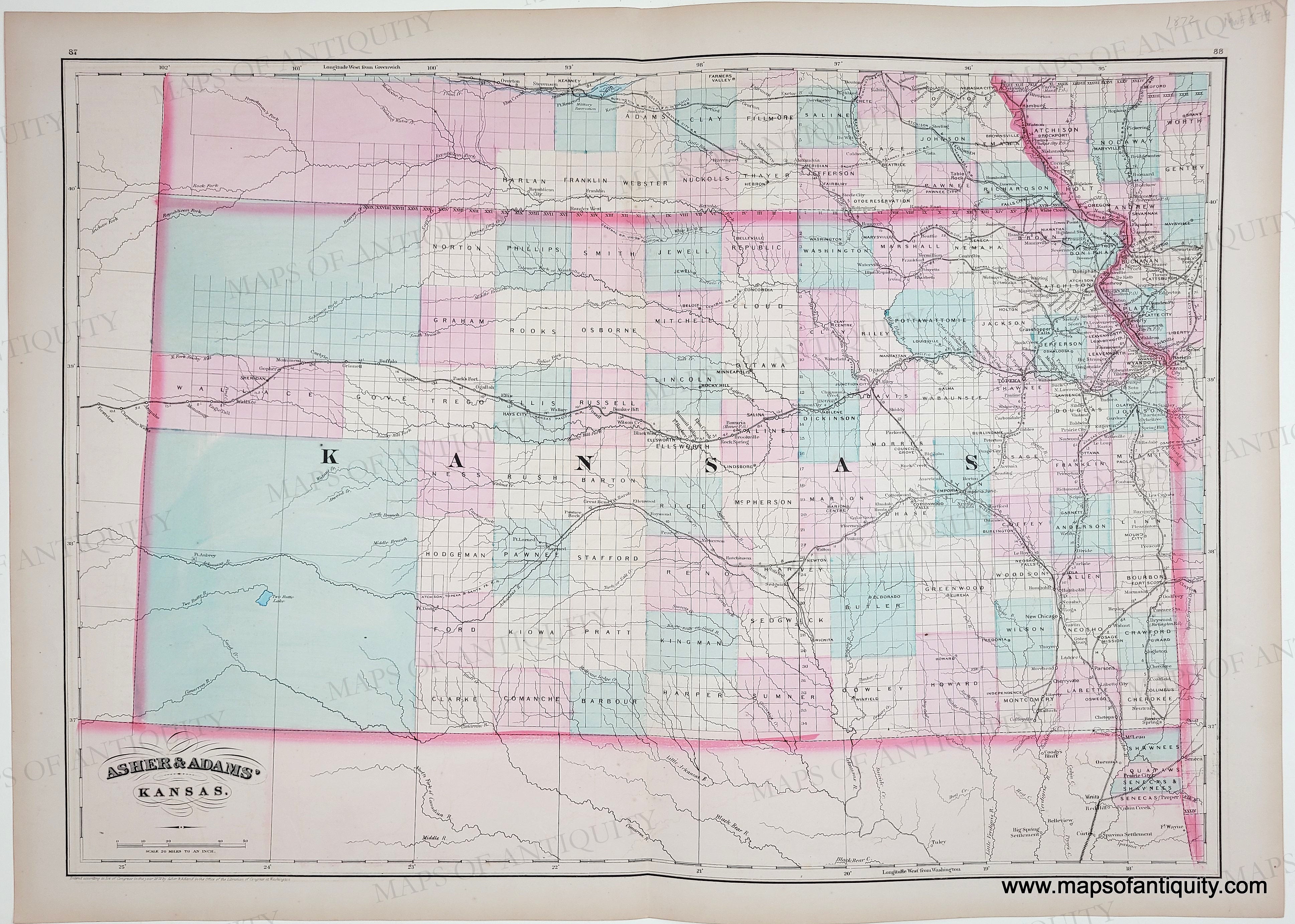1872 - Kansas. - Antique Map – Maps of Antiquity