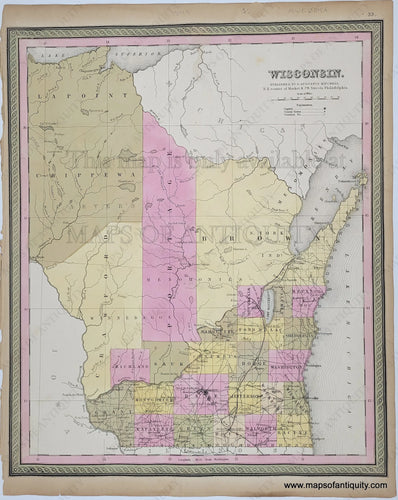 Antique Map with original hand-coloring in tones of pink, yellow, and green.-A-New-Map-of-the-State-of-Wisconsin.--United-States-Midwest-1849-Mitchell/-Maps-Of-Antiquity