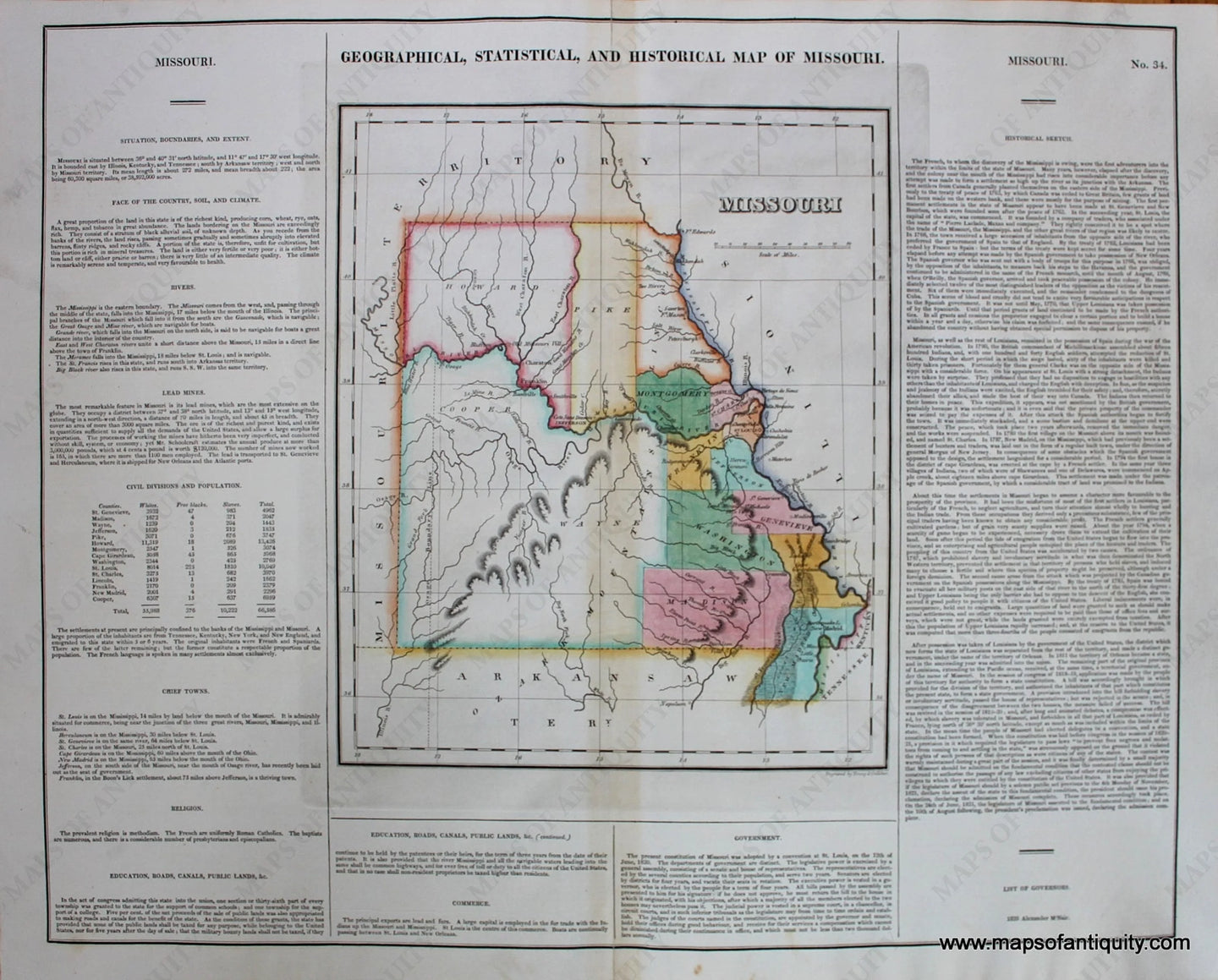 Antique-Hand-Colored-Map-Geographical-Statistical-and-Historical-Map-of-Missouri.-Midwest-Missouri-1822-Carey-&-Lea-Maps-Of-Antiquity