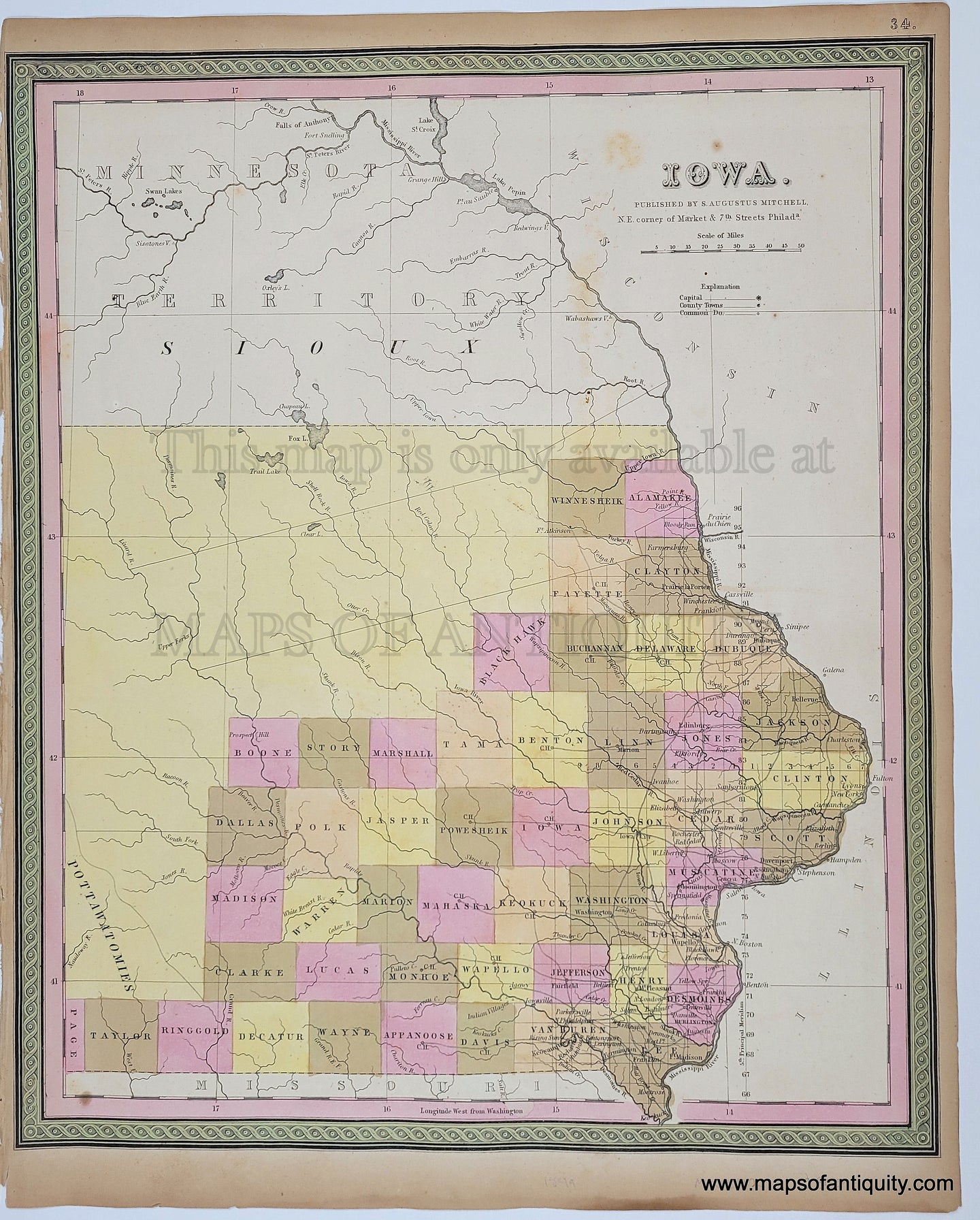 Antique map with original hand-coloring in tones of yellow, green, peach, and pink. Antique-Hand-Colored-Map-Iowa.----1849-Mitchell-Maps-Of-Antiquity