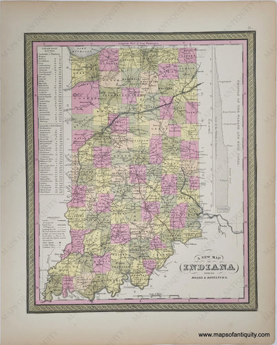 Antique map of the state of Indiana, with original hand-coloring in antique tones of green, pink, yellow, and peach. Colored by county.