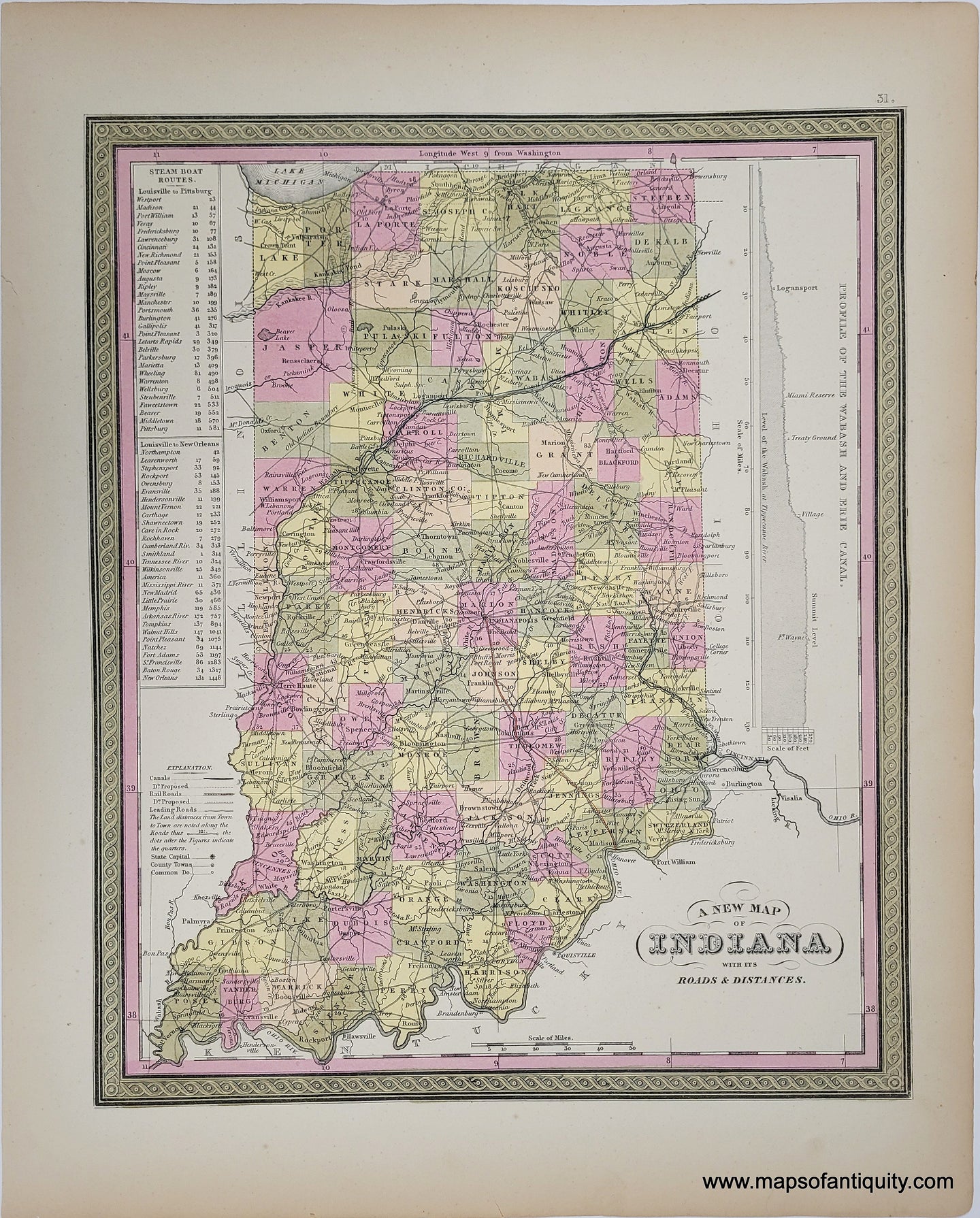 Antique map of the state of Indiana, with original hand-coloring in antique tones of green, pink, yellow, and peach. Colored by county.