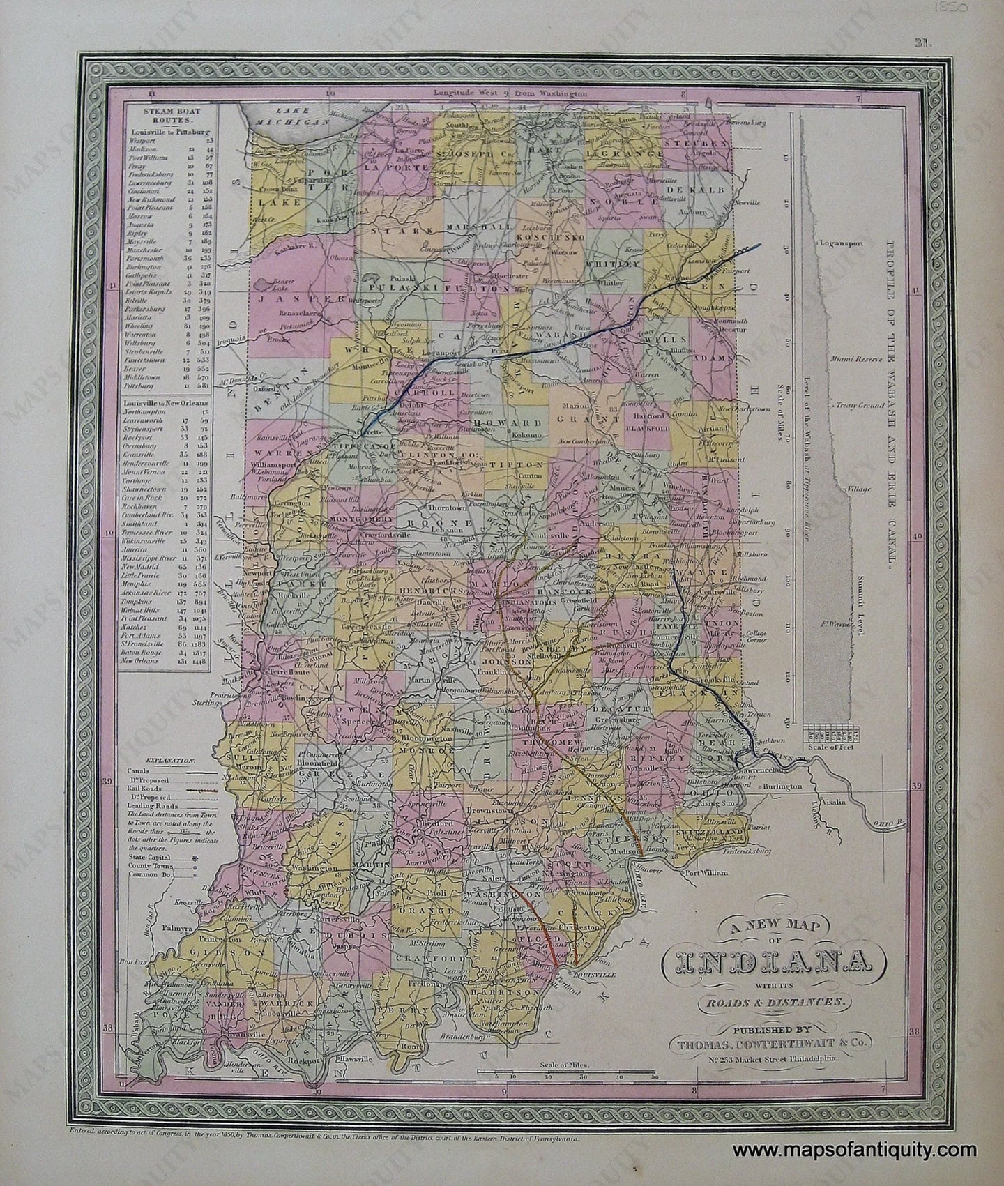 Antique-Hand-Colored-Map-A-New-Map-of-Indiana-with-its-Roads-&-Distances.-**********---1850-Mitchell/Cowperthwait-Maps-Of-Antiquity